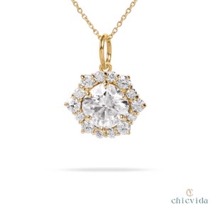 Moissanite Halo Pendant, 14k Gold Charm Pendant, Diamond Necklace, Prong Set, Wedding Gift, Vintage Moissanite Necklace, Fine Stone Jewelry