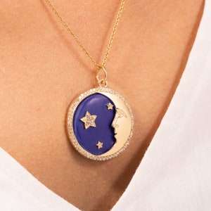 Crescent Moon Star Pendant/Lapis Lazuli Pendant Necklace/Vintage Art Deco Disc Pendant/Celestial/Blue Gemstone/Birthday Gift/Diamond Accents
