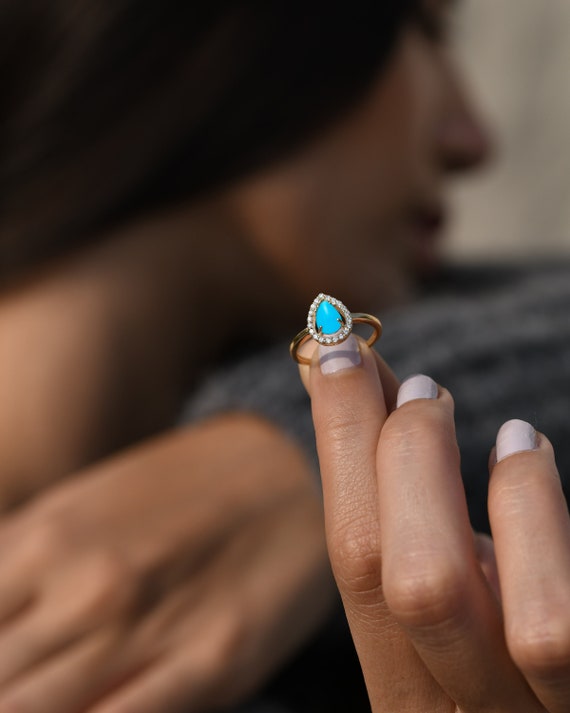Pear Turquoise Engagement Ring halo Diamond Ring 14k Solid Gold