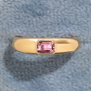 Pink Tourmaline Solitaire Wedding Ring,14K Solid Gold Dome Ring,Emerald Cut,Tourmaline Engagement Ring,Stacking Band,October Birthstone Gift