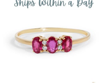 Cluster Ruby Diamond Wedding Ring/Oval Ruby Eternity Ring/July Birthstone/Unique Ruby Band/Size 6 US/Yellow Gold Ring Gift For Mom/14k Gold