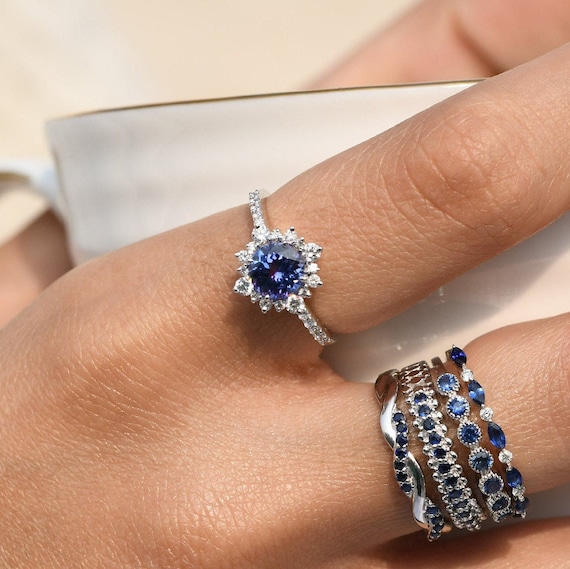 Deep Blue Tanzanite Engagement Ring with a Diamond Halo in 14K Solid White Gold /December Birthstone Fine Jewelry/Natural Tanzanite/Art Deco
