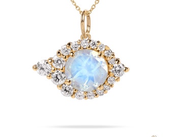 14k Gold Moonstone Pendant,June Birthstone,Halo Diamond,Rainbow Moonstone,Solid 14k Gold,Handmade Jewelry,Gift for Women,Minimalist Necklace