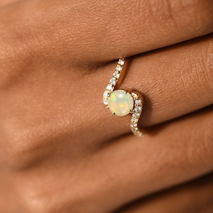 Natural Opal Diamond Bypass Ring, 14k Yellow Gold Dainty Ring, October Birthstone Jewelry, Opal Gemstone Ring, Gift for Her, Handmade Ring