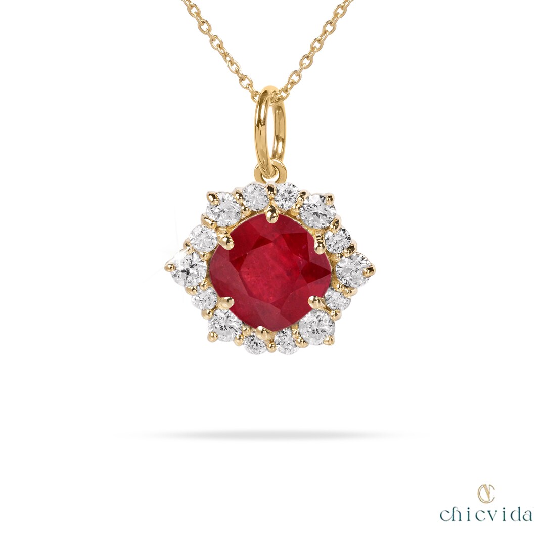gorgeous ruby pendant. take your style up by adorning... Solid 14k Gold Ruby Pendant, Cushion Cut Pendant, Diamond Halo Necklace ...