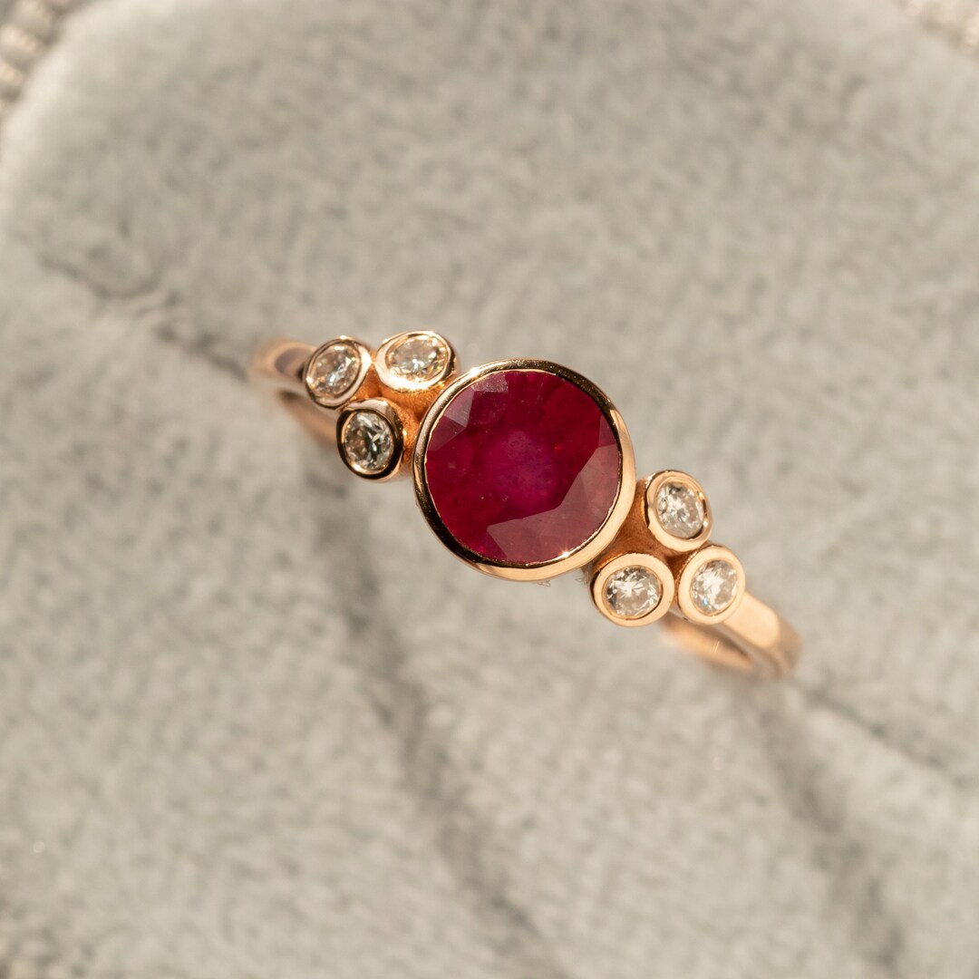 14k Solid Gold Ruby Engagement Ring,cluster Diamond Ring,bezel Set Ruby