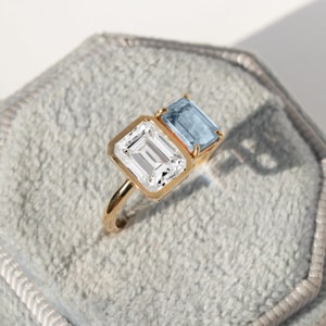 Aquamarine & Moissanite Ring, Toi Et Moi Ring, Emerald Cut Ring, Solid Gold Band Two Stone Ring, Statement Ring, Wedding Anniversary Gift