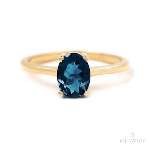 18k Solitaire Blue Topaz Women Ring, Yellow Gold Oval Cut Wedding Ring, Prong Set, Classic Engagement Ring, Bridesmaid Jewelry, For Fiance