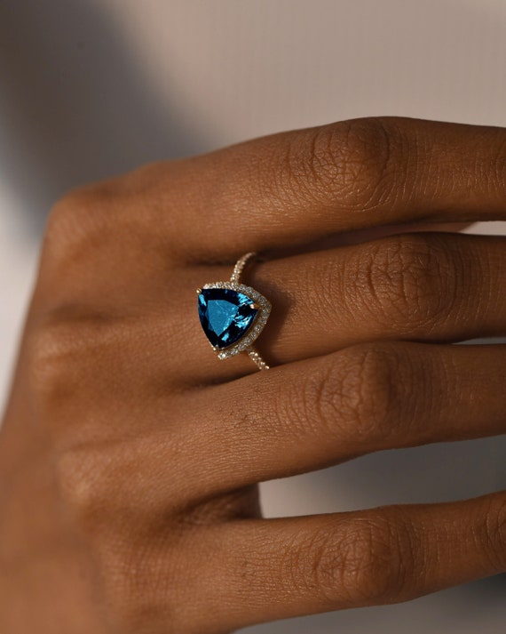 London Blue Topaz Ring trillion Topaz Halo Moissanite Eternity