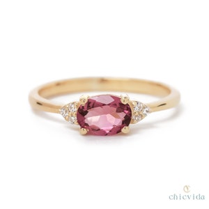 Pink Tourmaline Ring/Oval Tourmaline Ring/Horizontal Ring/14k Gold Ring/Tourmaline Diamond Ring/Fine Jewelry/Wedding Ring/Birthday Gift