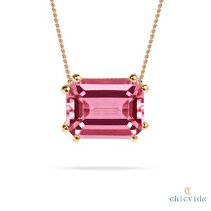 Solitaire Pink Tourmaline 18k Gold Necklace For Women, Emerald Cut Pendant, 4 Prong Set Jewelry, Bridal Necklace, Minimalist Pendant For Her