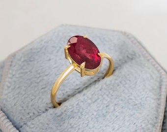 Oval Natural Ruby Engagement Ring, 14k Solid Gold, Solitaire Proposal Ring