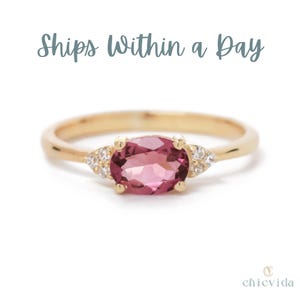 Pink Tourmaline Ring/Oval East West Ring/Natural Diamond Accent/14k Rose Gold/October Birthstone/Wedding Engagement Ring/21st Birthday Gift