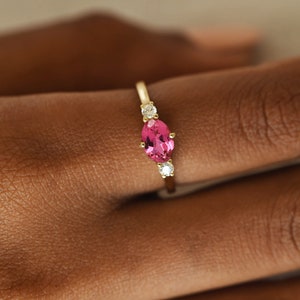 East West Pink Engagement Ring, Pink Tourmaline Three Stone Proposal Ring, 14k Solid Gold Minimalist Ring, Wedding Anniversary Gift, Diamond