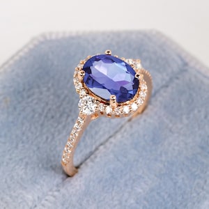 Natural Tanzanite Halo Ring, 14k Solitaire Blue Ring, Trendy Diamond Proposal Ring, Yellow Gold Vintage Ring, Prong Setting Jewelry, For Her