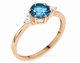 London Blue Topaz Wedding Ring,14k Yellow Gold,Diamond Accented,Natural Blue Topaz,Dainty Gold Ring,Three Stone Ring,Solitaire Ring For Her