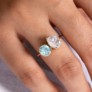 Blue Aquamarine & Moissanite Ring,14k Solid Gold,Toi Et Moi Engagement Ring,Bezel Set Aquamarine Ring,Art Deco Bridal Ring,Double Stone Ring