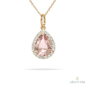 Pink Morganite Pendant,Teardrop Morganite Necklace,14k Solid Gold Halo Necklace,Minimalist Pendant for Women,Statement Jewelry Gift for Her