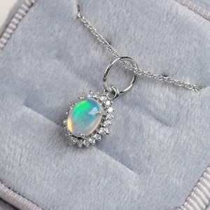 14k Gold Opal Pendant Necklace,Diana Halo Oval Statement Necklace,Opal Diamond Dainty Charm,Gift for Mom,Birthstone Jewelry for Women