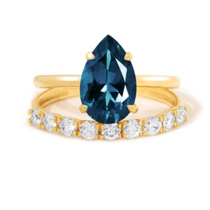 Natural Blue Topaz Engagement Ring Set, Eternity Band Ring, Pear Wedding Ring Set, Something Blue, Solitaire Topaz, Solid Gold Matching Ring