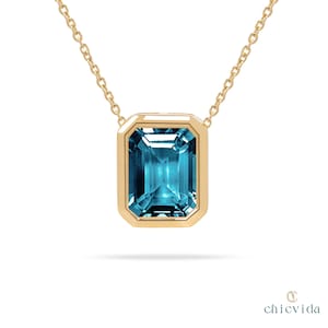 Emerald Cut Blue Topaz Necklace Bezel Set Solid 14k Gold Floating Pendant Dainty December Birthstone Jewelry Solitaire Topaz Pendant Love