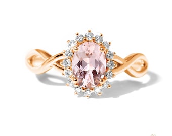 Oval Morganite Halo Ring in 14k Gold, Pink Gemstone Engagement Ring, Dainty Twist Band Ring, Morganite Minimalist Ring, Birthstone Jewelry