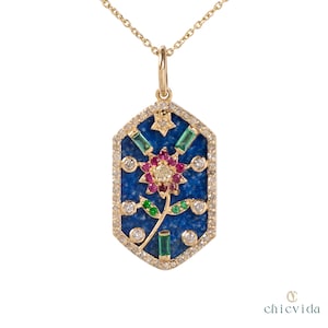 14K Gold Pendant/Blue Lapis Lazuli & Diamond Halo Pendant/Unique Genuine Ruby Floral Necklace/Baguette Cut Emerald Necklace/Gift for Mom