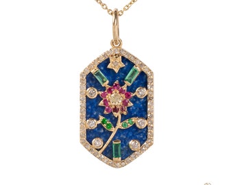 14K Gold Pendant/Blue Lapis Lazuli & Diamond Halo Pendant/Unique Genuine Ruby Floral Necklace/Baguette Cut Emerald Necklace/Gift for Mom