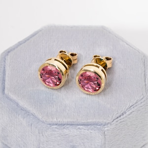 14k Gold Pink Tourmaline Studs,Dainty Earrings,Bezel Set Studs,Natural Pink Tourmaline,Push Back Studs,Minimalist Earrings,Simple Pink Studs