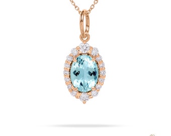 Blauer Aquamarin-Anhänger, 14 Karat Gold Diamant Anhänger, etwas Blaues für Brautjungfer, minimale Halskette für sie, ovaler Anhänger Goldschmuck
