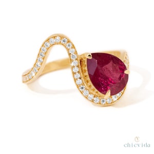 Buy Pear Cut Genuine Ruby Engagement Ring,14k Solid Gold,curved Diamond ...