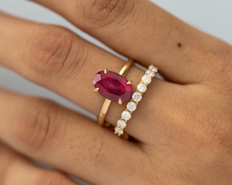 Genuine Ruby Engagement Ring Set,14k Solid Gold,Prong Set Solitaire Ruby Ring,Half Eternity Diamond Band,Wedding Stacking Set,Set of 2 Ring