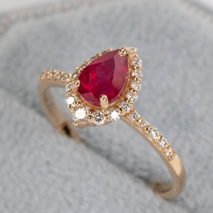 Genuine Ruby Engagement Ring/14k Gold Ruby Ring/teardrop Ruby Halo ...