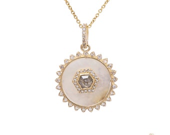 14K Gold Mother of Pearl Pendant/Sunburst Necklace/Lapis Lazuli Pendant/Unique Gift for Mom/Fine Jewelry/Handmade Necklace/Salt Pepper