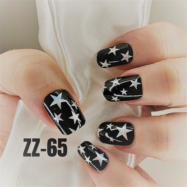 Black silver stars nail wraps color real polish strips ZZ065 street art