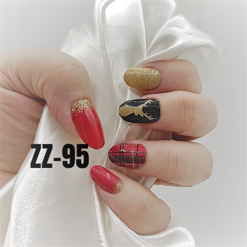 Deer Plaid Black Red Gold Color Real Nail Polish Wraps Zz95 Etsy