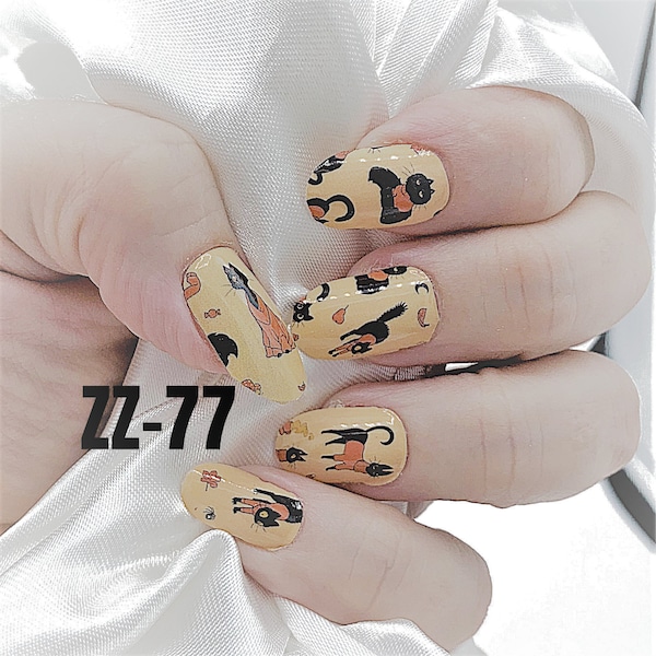 Orange black color Cats in Sweaters real nail polish strips ZZ77 Street art wraps