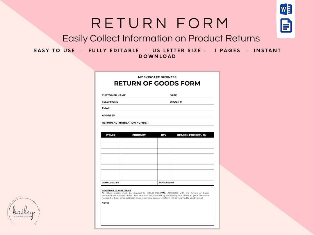 Return of Goods Form, Return Form, Merchandise Return Form Etsy