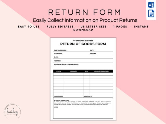 Return of Goods Form, Return Form, Merchandise Return Form 