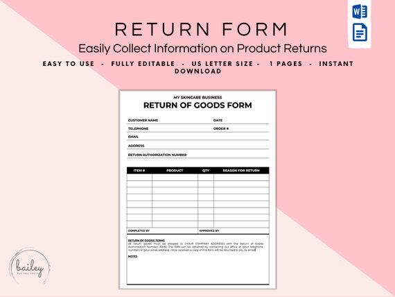 Return of Goods Form Return Form Merchandise Return Form - Etsy