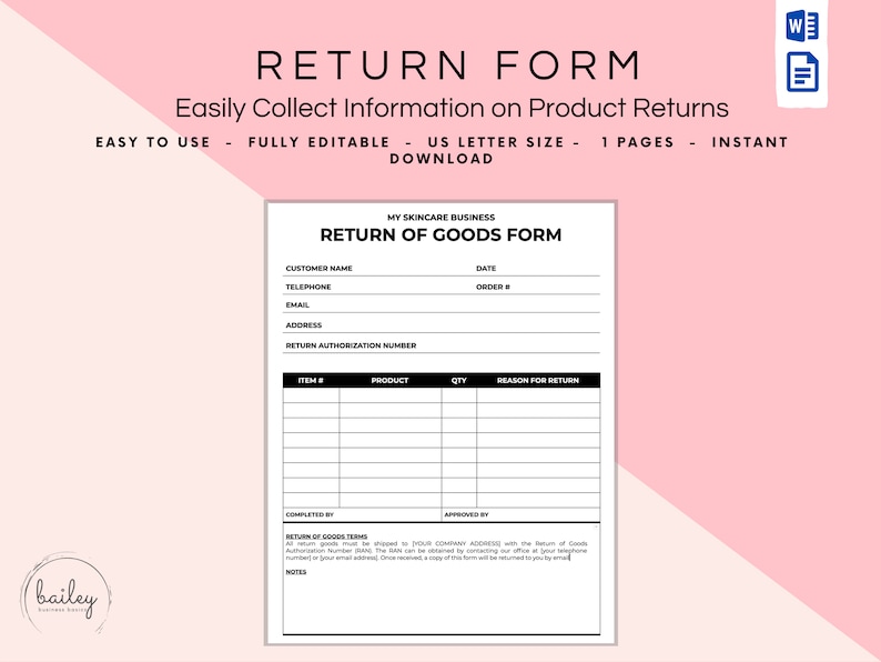 Return of Goods Form Return Form Merchandise Return Form Etsy
