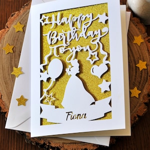 Carte d'anniversaire princesse personnalisée avec nom/numéro fait main découpée dans du papier inspiré de Disney