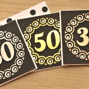 Carte d'anniversaire 3D faite main en couches découpées dans du papier (numéro au choix)