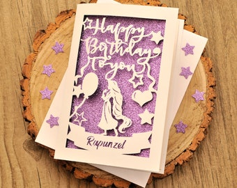 Carte d'anniversaire personnalisée en papier découpé Raiponce inspirée de Disney fait main