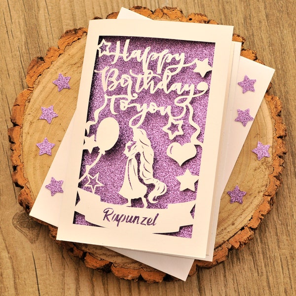 Carte d'anniversaire personnalisée en papier découpé Raiponce inspirée de Disney fait main