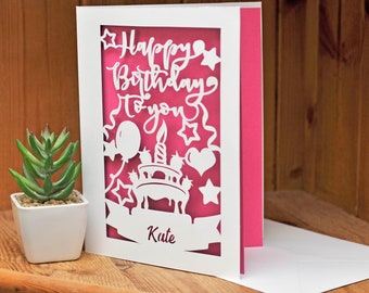 Handmade Personalised Paper-cut Birthday Card (Colour Choice)