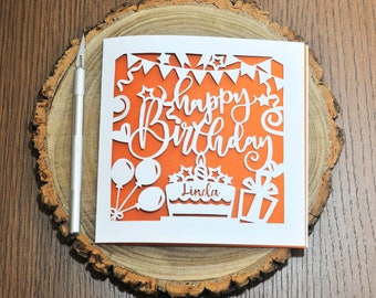 Handmade Personalised Paper-cut Birthday Card Choice of Colour