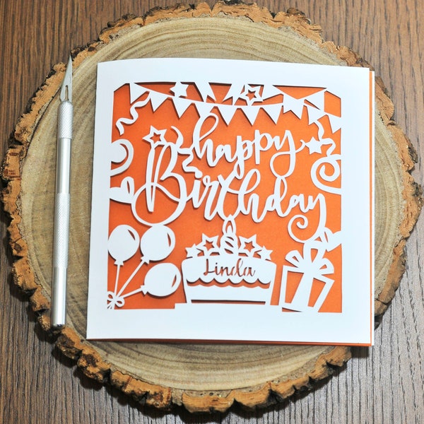 Handmade Personalised Paper-cut Birthday Card Choice of Colour