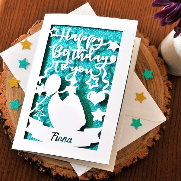 Handmade Personalised Name/Number Paper-cut Disney inspired Princess Cinderella Birthday Card
