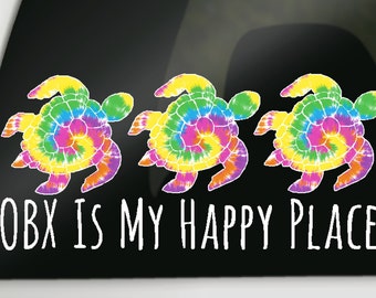 OBX Sea Turtle Sticker, Outer Banks Decal, Beach Car Sticker, "OBX Is My Happy Place" Turtle Vinyl Decal, Coastal Gift